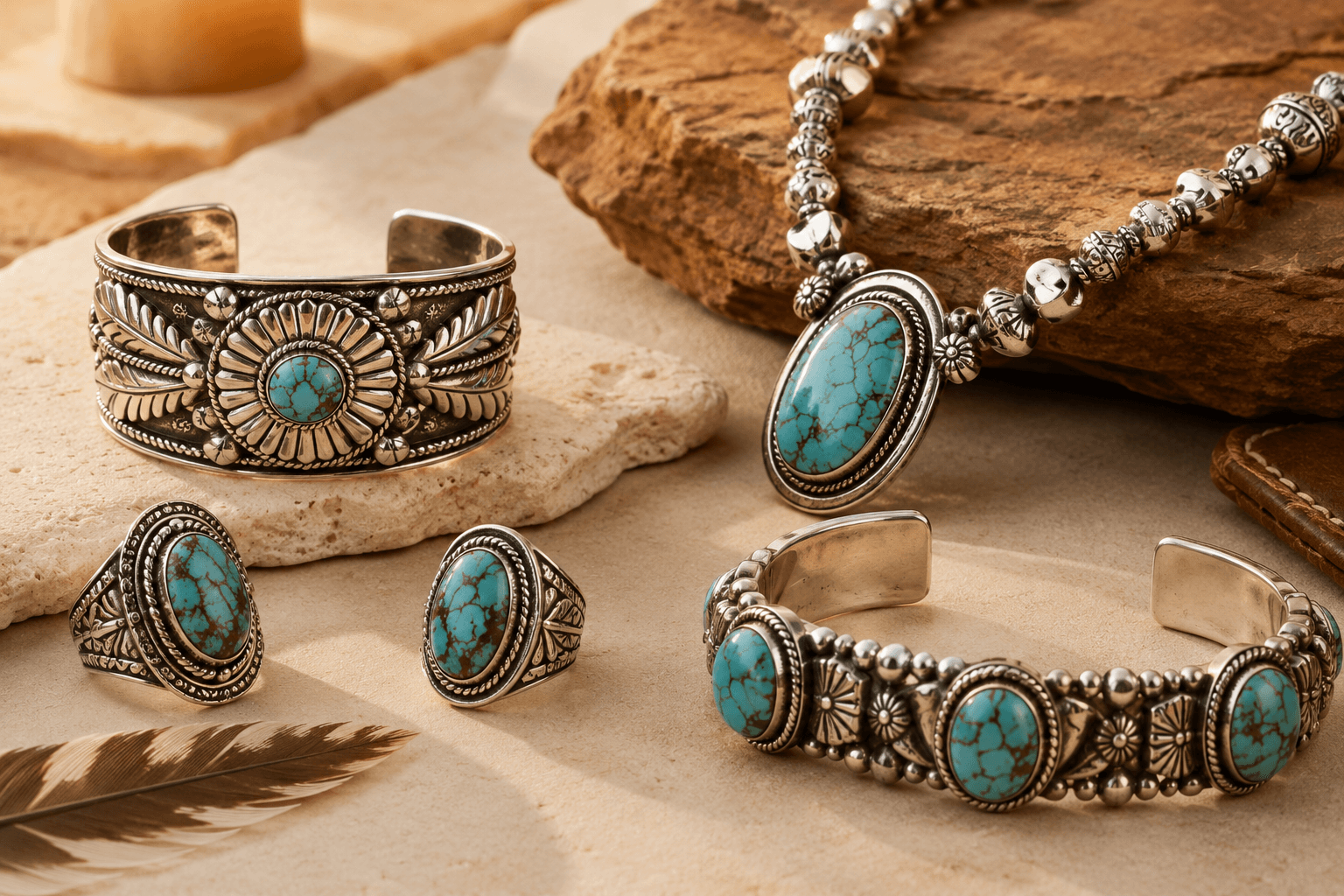 Sterling silver and turquoise rings, cuffs, and necklace arranged on natural stone