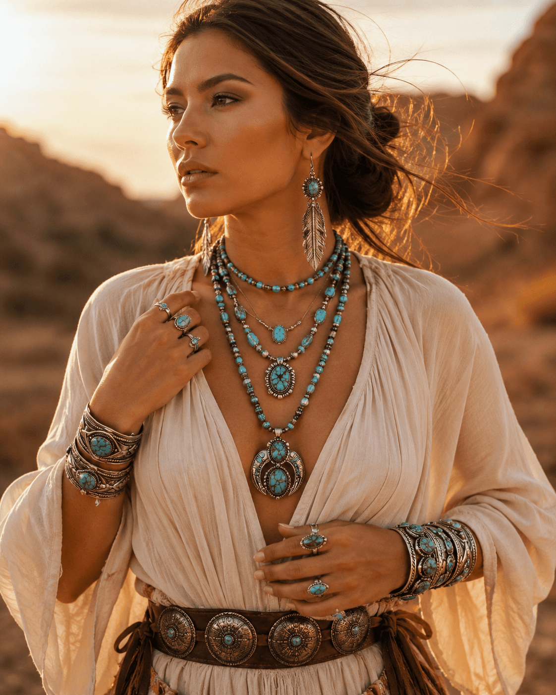 Woman wearing layered turquoise and silver Native American jewelry in the desert at golden hour