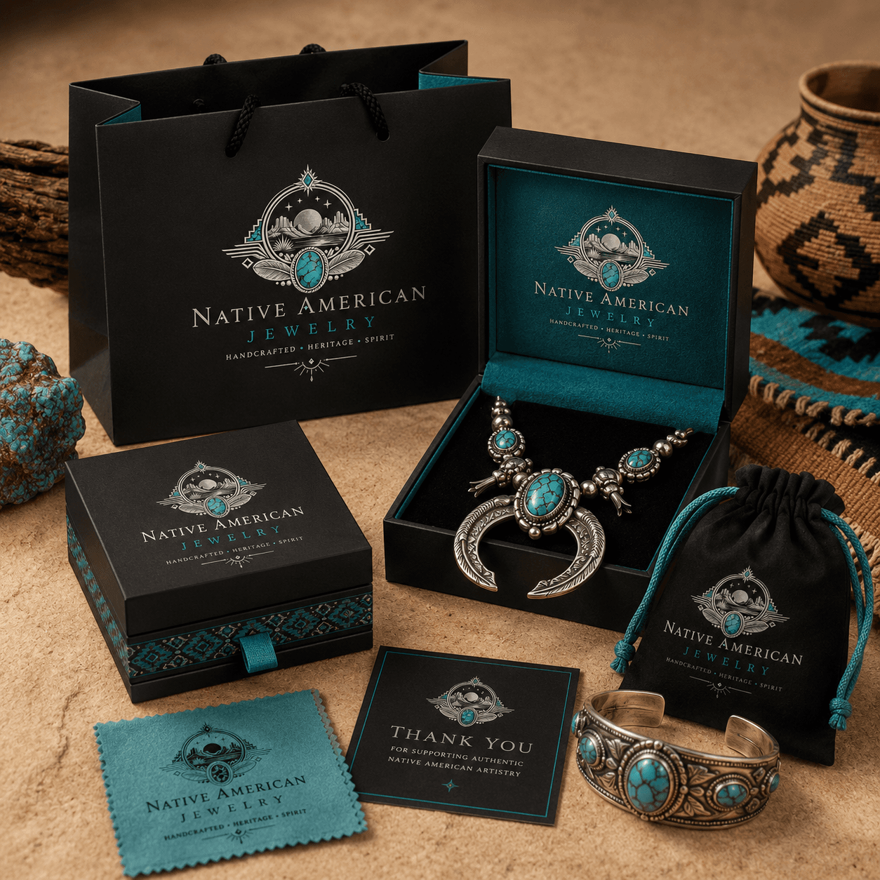 Gift-ready jewelry boxes, shopping bag, and turquoise squash blossom necklace