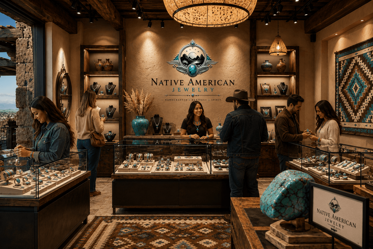Customers browsing authentic Native American jewelry in our Southwest boutique