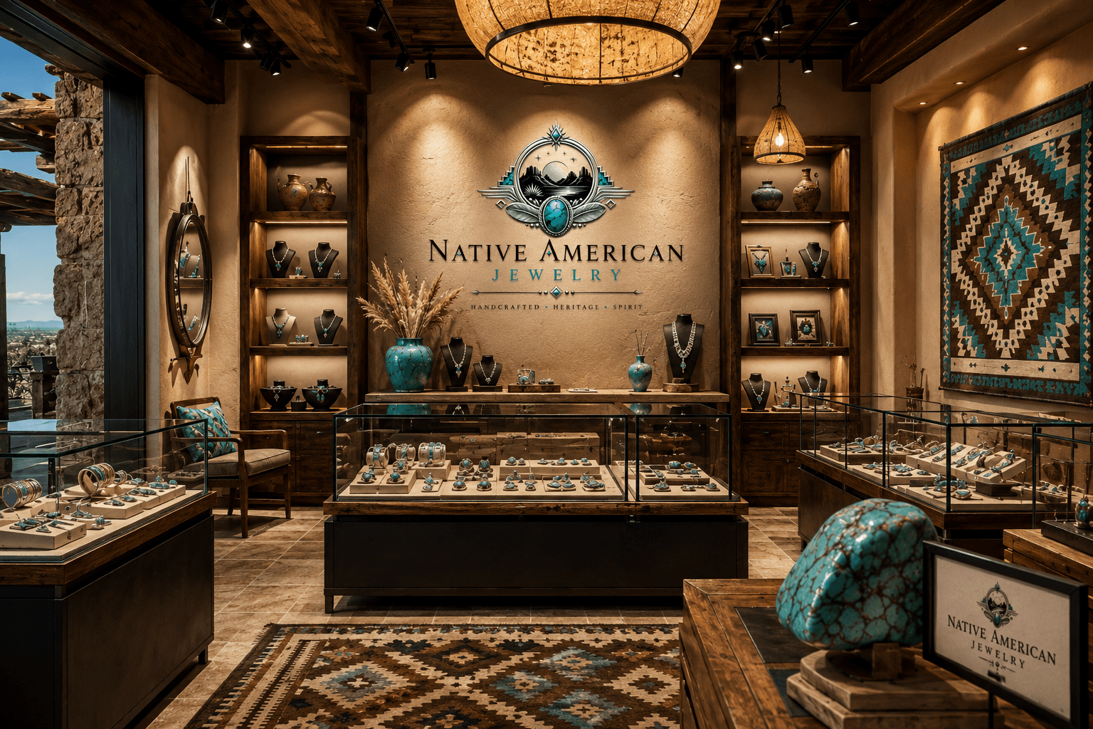 Native American Jewelry boutique interior with turquoise displays and handcrafted pieces